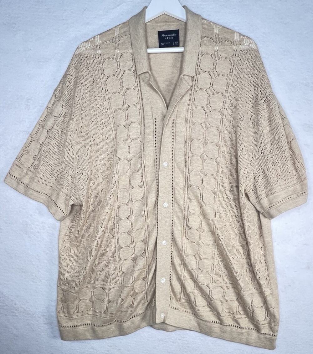 Abercrombie & Fitch Men Crochet Knit Short Sleeve Button Up Shirt XXL Tan